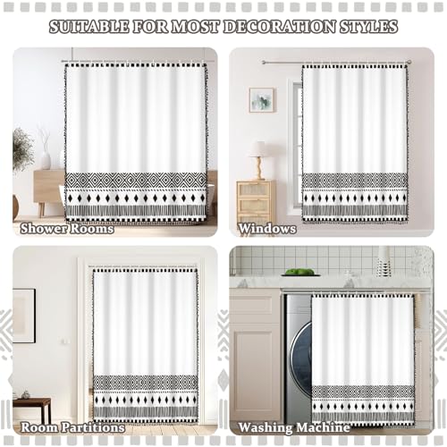 AOFOTO Bohemian Shower Curtain Tassel Boho Black and White Striped Geometric Pattern Shower Curtains for Bathroom Waterproof Bath Curtain Sets with Hooks Bathroom Home Decor 60x72 Inches - color: Black Square, size: 60"W x 72"L (Pack of 1)