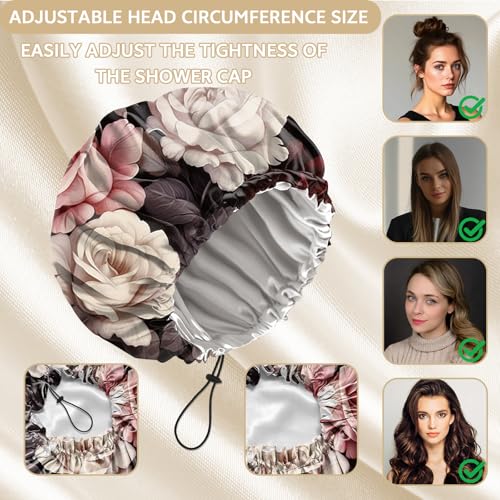 Shower Cap Adjustable Waterproof Double Layer Elastic Reusable Hair Bath Cap Cute Aesthetic for Women Girls-Rose - color: R8-Rose