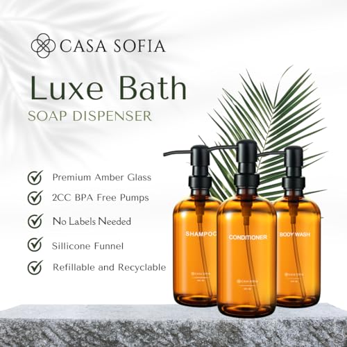 Amber Glass Shampoo and Conditioner Dispenser Set – Refillable 16 oz Pump Bottles with Concrete Tray – Luxury Bathroom Organization & Modern Shower Soap Dispensers - color: Amber Glass