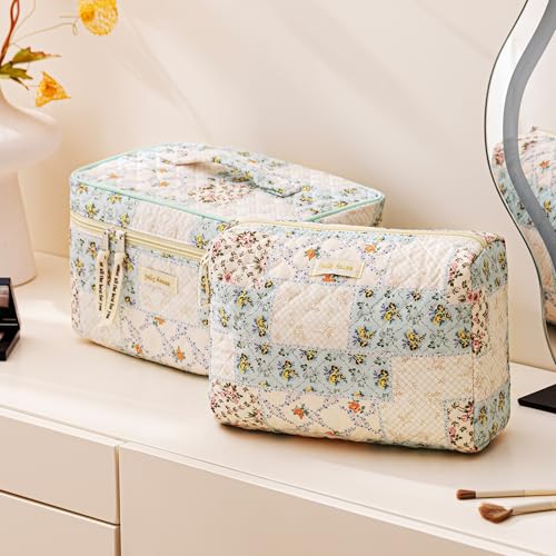 HBselect Quilted Makeup Bag, 3PCS Cotton Large Travel Makeup Bag, Cute Floral Coquette Make up Bag Cosmetic Bag Toiletry Bag for Women Girls - color: A-3PCS-Floral 4