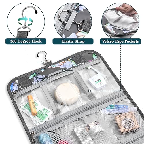 PAVILIA Hanging Toiletry Bag for Women Men, Large Foldable Toiletries Organizer with Hook, Water-Resistant Makeup Cosmetic Rollup Case, Clear Pockets for Bathroom, Gym, Cruise (Floral Grey) - color: Grey Floral