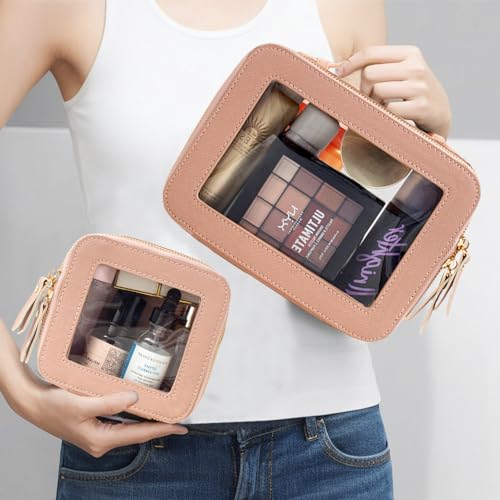 Travel Clear Makeup Bag Set, TSA Approved Cosmetic Bag Case with Zipper Portable Makeup Pouch Toiletry Bag Traveling Cosmetic Organizer Storage Bag Car Organizer Car Essentials - color: Mini + XL Luxe Dark Pink