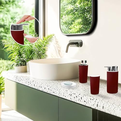 Bathroom Accessory Set 6 Piece Burgundy Acrylic Watercolor Marble Shiny Toothbrush Holder, Toothbrush Cup, Soap Dispenser, Soap Dish, Toilet Brush Holder, Trash can, xoniKYxlaPeIs-6j