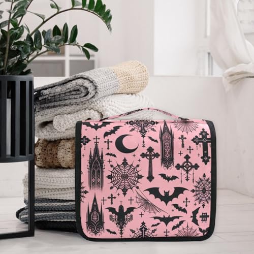 MNSRUU Hanging Toiletry Bag Black Gothic Moon Spider Webs and Bats Travel Makeup bag for Toiletries Portable Travel Toiletry Organizer Cosmetic Bags with Hanging Hook - color: Bats I8897