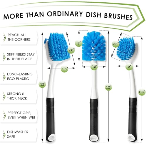 MOSOLAN Dish Brush Set of 3 with Water Bottle Brush, Dish Scrub Brush and Scrubber Brush, Long Handle Kitchen Scrub Brushes for Dishes, Bottles, Cups, Pots, Pans and Sinks, Round Head - style: Round Head