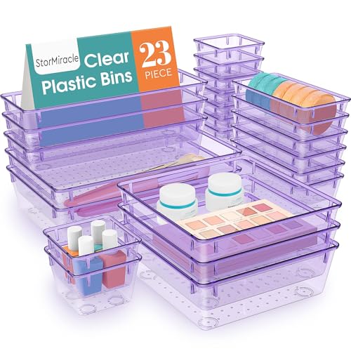 StorMiracle 23 PCS Drawer Organizer Set, 5 Varied Size Bathroom and kitchen Drawer cabinet organizer Trays, Clear Storage Bins for Makeup, Jewelry, Utensils and Gadgets, Purple - color: Purple, size: 23 PCS