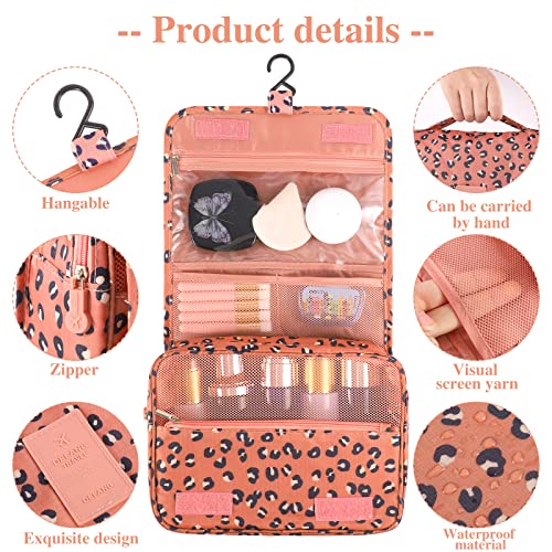 Pengxiaomei Hanging Toiletry Bag, Leopard Orange Waterproof Cosmetic Bag Portable Makeup Pouch Wash Bag with Handle for Women Teen Girl Summer Camp Travel Essentials - color: Orange Leopard