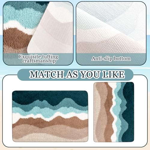 Breling Bath Mat Set of 2 Ocean Beach Teal Fluffy Absorbent Microfiber Rugs Non Slip Bath Mats for Bathroom Floor Tub and Shower, Washable, Ultra Soft, Quick Dry (32 x 20 Plus 24 x 17 - Inches) - style: Ocean Beach