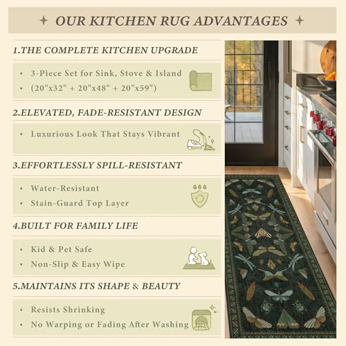 JTJ Botanical Insect Kitchen Rug Set of 3, Dark Green Nature Inspired Floor Mats with Non-Slip Backing, Washable Low Pile Runner for Sink and Stove - color: Insect - Dark Green