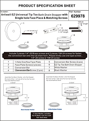 Artiwell Universal Tip Toe Tub Drain Conversion Kit - Bathtub Drain Replacement Trim Kit with 1-Hole Overflow Face Plate and Pop-Up Tub Stopper, Brushed Gold - color: Brushed Gold