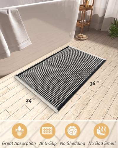 AMOAMI Upgraded Waffle Bath Mat, Super Absorbent Non Slip Bath Mats for Bathroom Floor, Machine Washable Bathroom Rugs with Tassels, Rubber Backed Bathroom Mats, Ultra Soft, 24" x 36",Black & Cream - color: Black & Cream, size: 2' x 3' (Rectangular)