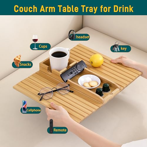 Bamboo Couch Cup Holder Arm Tray Table，Foldable Couch Drink Holder Armrest Table，Sofa Arm Rest Tray，Flexible Arm Chair Table Tray Recliners for Drink,Cups, Snacks, Phone, Remote (Bamboo) - color: Bamboo