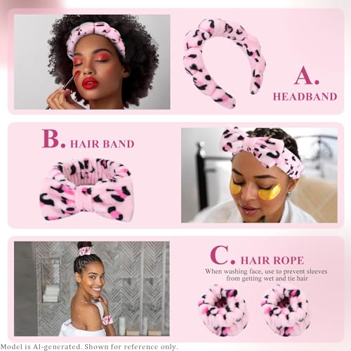 Face Washing Headband and Wristband Set, Leopard | Soft absorbent fabric, snug head-hugging fit for face washing, skincare, makeup, masks, travel, women and teen girls - color: Pink leopard print