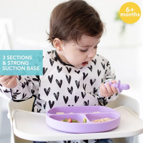 Bumkins Toddler and Baby Suction Plate, Silicone Divided Grip Dish, Babies and Kids, Baby Led Weaning, Children Feeding Supplies, Non Skid Sticky Bottom, Platinum Silicone, Ages 6 Months Up, Lavender - color: D4 Lavender-GD