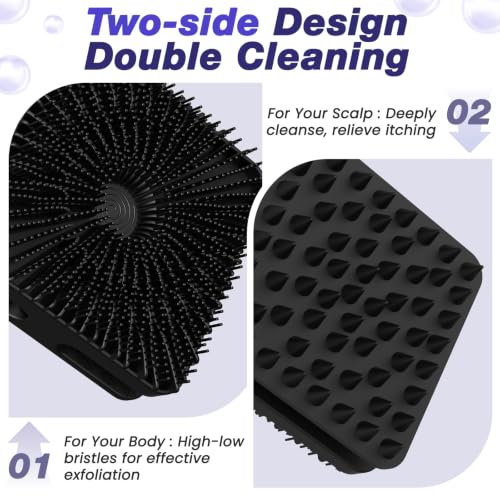 Manmihealth Dual-Sided Silicone Body Scrubber Scalp Massager & African Bath Sponge Net Set, 2-in-1 Silicone Shower Shampoo Brush Africa Wash Net Combination, Lather Well, Strong Exfoliating (Black) - color: Shower Brush+net Sponge Set (Black)