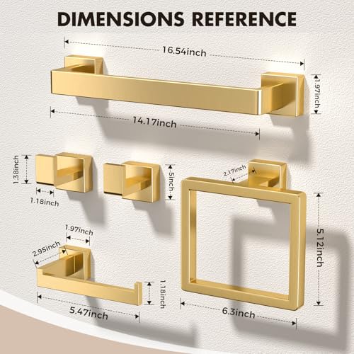 Bathroom Accessory Towel Bar Set: 15 Pieces Gold Bathroom Hardware Square SUS304 Stainless Steel - Wall Mounted Towel Rack&Toilet Paper Holder&Towel Ring and Towel Hook - color: Gold, size: 16inch 15 Pieces