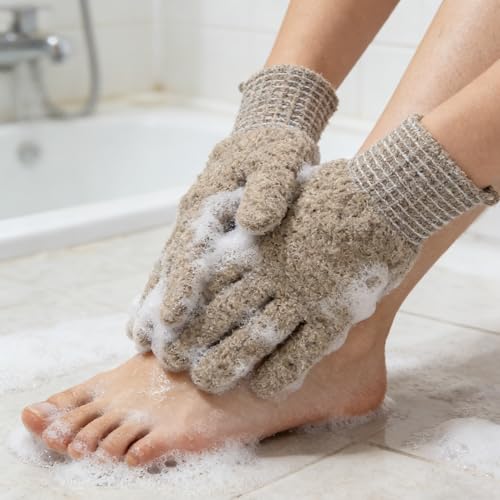 Exfoliating Bath Gloves 2 Pairs - Heavy Texture Body Scrub Gloves for Shower, Spa, Massage and Body Scrubs, Dead Skin Remover, Washing Gloves with Hanging Loop(Coffee) - color: Coffee