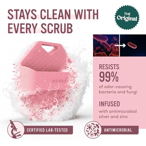Sud Scrub® Antimicrobial Silicone Body Scrubber, Exfoliating Body Brush for Sensitive Skin, Antibacterial Shower Scrubber for Body, Bathroom Essentials for Men & Women, Pink - color: Pink