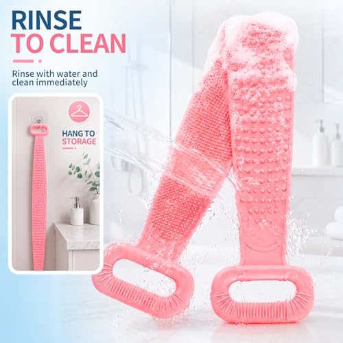 Manmihealth Silicone Back Scrubber for Shower, 36'' Extendable Back Washer with Long Strap Handle, Dual-Sided Silicone Body Brush for Men and Women (Pink) - color: Pink