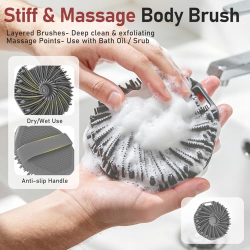 Back Scrubber for Shower for Men 2 Pack, Silicone Body Scrubber with Long Handle, Detachable Body Wash Scrubber Shower Scrub Brush -Lathering Bristles Deep Clean Exfoliator Women Mens Black+Grey - color: Black+grey
