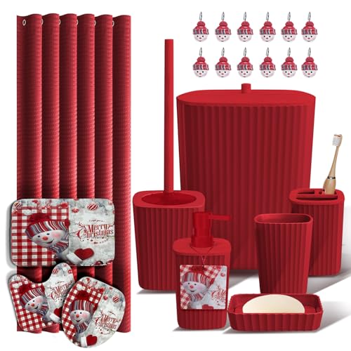 Clara Clark Christmas Bathroom Accessory Set - 22PC, Complete Set + Bath Rugs, Modern, Red & White, Polyester - color: Christmas, size: Complete Set + Bath Rugs