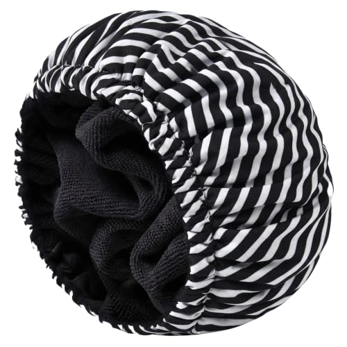 Shower Cap for Men Black Bath Cap, Reversible Terry Lined Large Waterproof Adjustable Shower Caps Elastic Band Stretch Hem Hair Hat for braids - color: Black Stripe