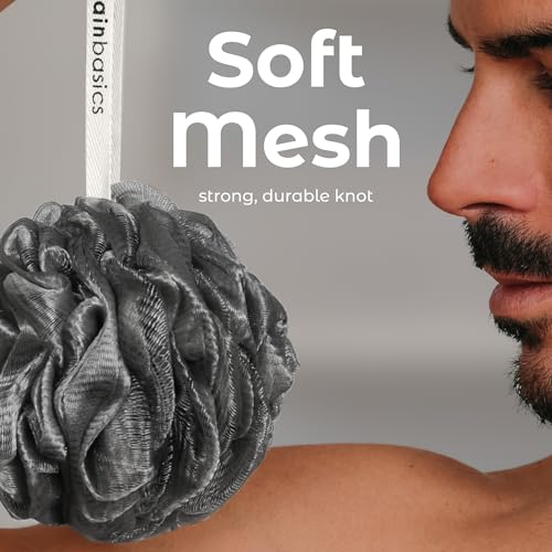MainBasics Shower Loofah Sponge Pouf, Set of 3, Charcoal Infused | Soft Mesh Body Scrubber and Bath Sponge for Gentle Exfoliation, Rich Lather, and Everyday Shower Use - style: Charcoal