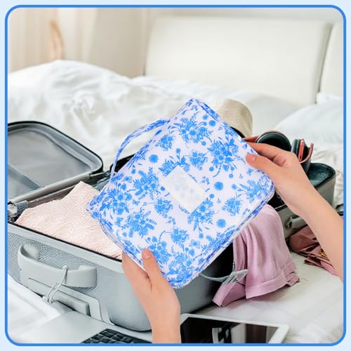 Pengxiaomei Hanging Toiletry Bag, Blue Vintage Floral Waterproof Cosmetic Bag Portable Makeup Pouch Travel Wash Bag with Handle for Teen Girls Camping Tea Party - color: blue&white