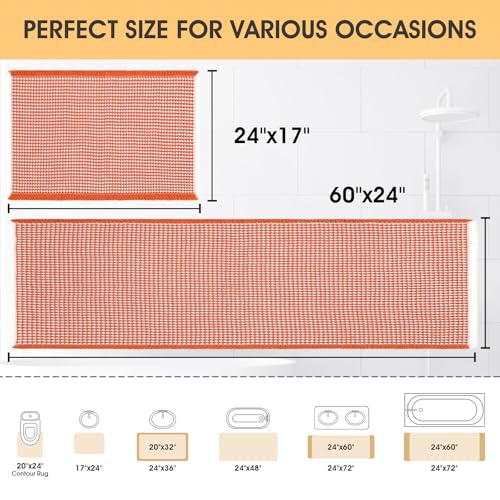 IM HOME Waffle Bath Mat Set 2 Piece Orange & Cream,Woven Modern Bath Rug Mats, Absorbent Non Slip Bath Floor Mat, Soft Washable Boho Bath Rugs with Tassels for Bathroom, Bedroom, Kitchen,Tub - color: Orange & Cream, size: 24′′×17′′ + 60′′×24′′