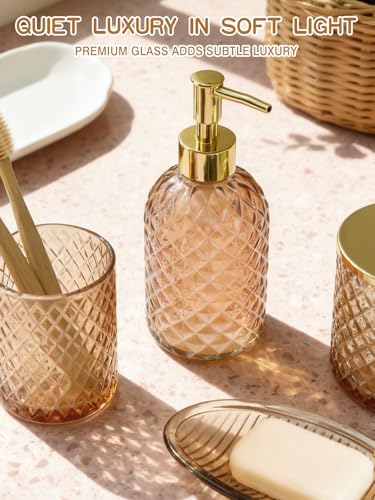 Haturi Amber Brown Bathroom Accessories Set, 4Pcs Glass Bathroom Accessory Set Complete w/Soap Dispenser, Toothbrush Holder, Qtip Holder, Soap Dish, Gold Bathroom Decor Sets, Gift for Home Apartment - style: Amber Brown