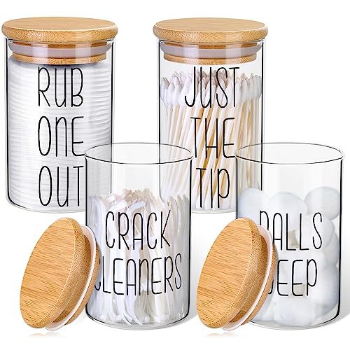 4 Pack Qtip Holder Glass Dispenser with Bamboo Lids for Bathroom Organization, Apothecary Jars for Cotton Ball Holder and Bathroom Canister Storage Great for Cotton Swabs, Balls, Floss, Bathroom Décor