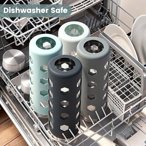 Mrsdry Glass Juice Bottles with Lids and Silicone Sleeves 18 oz, 4-Pack Reusable Clear Glass Water Bottles with Stainless Steel Airtight Cap for Juicing, Refrigerator, BPA Free Leak-Proof Drinking Jar - color: Gray