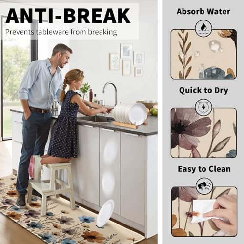 Florals Rugs for Kitchen Floor 2 Pcs Vintage Watercolor Flowers Washable Runner Rug Non Slip 17"x47"+17"x30", Spring Wildflower Comfort Kitchen Floor Mat for Bathroom Laundry Office Decor - color: Watercolor Flowers