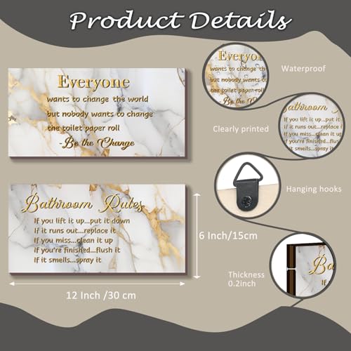DONFENTHY 2 Pieces White Gold Bathroom Decor Bathroom Rules Wall Art Rustic Farmhouse wooden Sign for Toilet (White Gold 12x6") - color: White