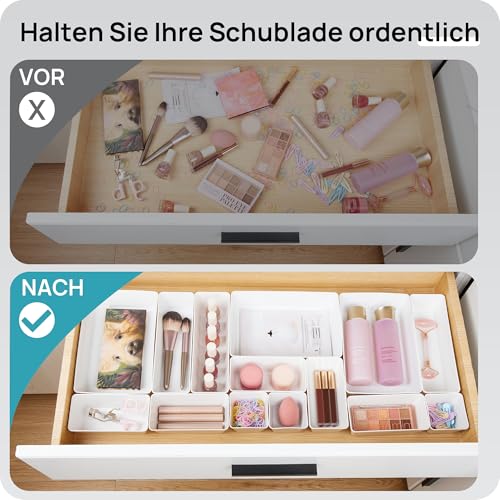 Vtopmart 25 PCS Plastic Drawer Organizers Set, 4-Size Versatile Bathroom and Vanity Drawer Organizer Trays, Storage Bins for Makeup, Bedroom, Kitchen Gadgets Utensils and Office - color: White