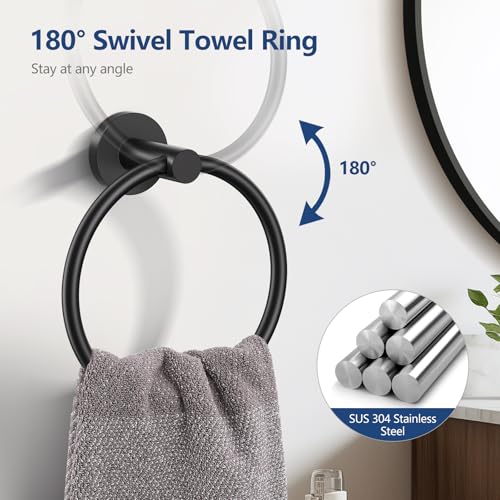 TQKAG Matte Black 5 Piece Bathroom Hardware Accessories Set 23.6" SUS304 Stainless Steel Bathroom Towel Bar Holder Sets Double Post Pivoting Toilet Paper Holder Set Wall Mounted - color: Matte Black, size: 5-Pieces Set-B