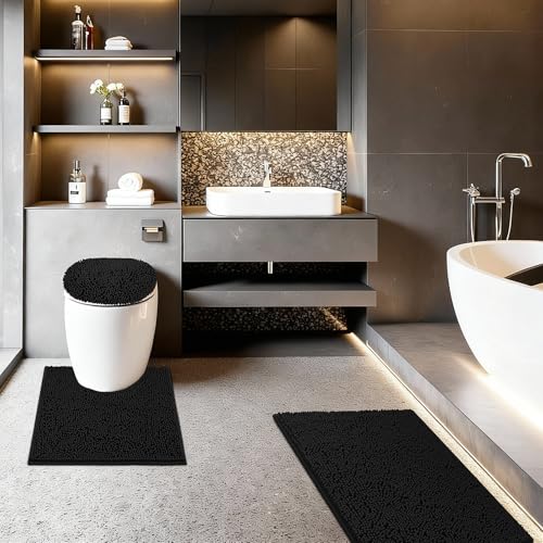 Bathroom Rugs Sets 3 Piece with Adjustable Toilet Seat Cover 19.5"x 18.5" Machine Washable Bath Rug Set with TPR Non Slip Rubber Backing Solid Bath Mat Set for Luxury Bathroom Decoration - color: Black