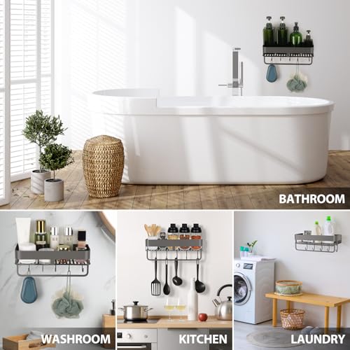 Extended version Adhesive Shower Caddy, 15.7 inch Stainless Steel Shower Shelves for Inside Shower with Hooks & Towel Bar-No Drilling(Gun Gray) - size: 15.7inch-1Pack-Adhesive Gun Gray