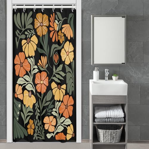 Orange Floral Shower Curtain Stall Small Half Single Mini Black Cute Flower Vintage Farmhouse Rustic Retro Funny Botanical Bohemian Fabric Cloth Bathroom Decor Set 36x72 inch Polyester 7 Hooks - color: Black Orange, size: 36"W x 72"L (Pack of 1)