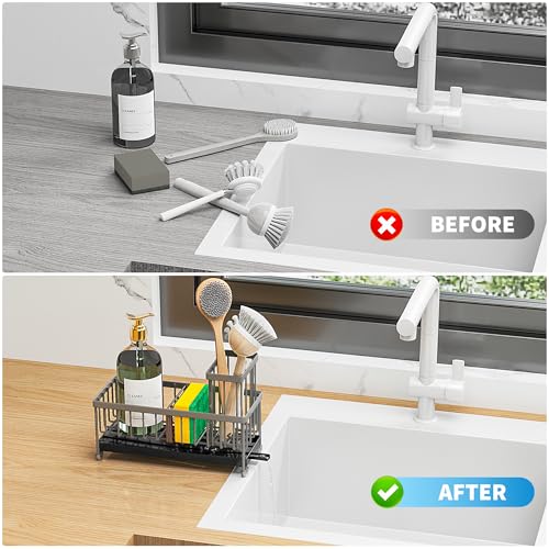 Cisily Sponge Holder for Kitchen Sink, Sink Caddy Organizer with High Brush Holder, Kitchen Countertop Organizers and Storage Essentials, Rustproof 304 Stainless Steel (Dark Grey, 9.25″) - color: Dark Grey - 9.25″