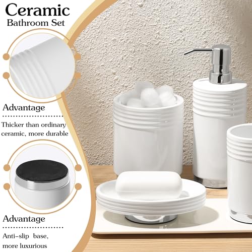 RQYIXI Bathroom Accessories Set 4 Pieces Ceramic Bathroom Accessory with Metal Base Set Contain Soap Dispenser Cotton Swab Jar Toothbrush Cup Soap Dish - color: White Metal Base