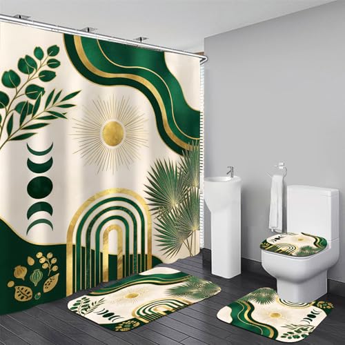 LQCOOL 4Pcs Boho Shower Curtain Set, Green Leaf Bathroom Sets, Waterproof Bathroom Sets with Shower Curtain and Rugs, Shower Curtain with 12 Hooks - color: Black Gold