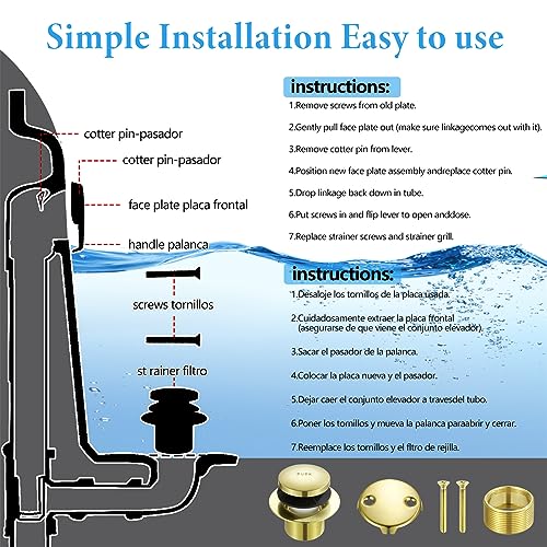 Tip Toe Bathtub Drain Conversion Kit Assembly, Tub Drain Plug Trim Set Bath Tub Drain Stopper with Two-Hole Overflow Faceplate (Brushed Gold) - color: Polished Brass
