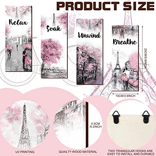 Gerrii 4 Pcs Pink and Grey Bathroom Decor Paris Decor Relax Soak Unwind Breathe Wall Art Farmhouse Bathroom Wedding Newlywed Home Spa Laundry Accessories Wood Hanging Sign(11.81 x 3.15 Inch,Rectangle) - size: 11.81 x 3.15 Inch, style: Rectangle