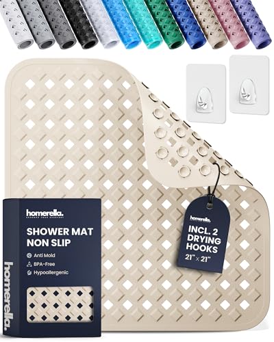homerella® Shower Mat Non Slip Anti Mold, Non Slip Shower Mats for Inside Shower Stall Anti Slip Mat, Square Shower Floor Mat 21 x 21 in with Suction Cups & Hooks for Quick Drying, Machine Washable - color: Sand