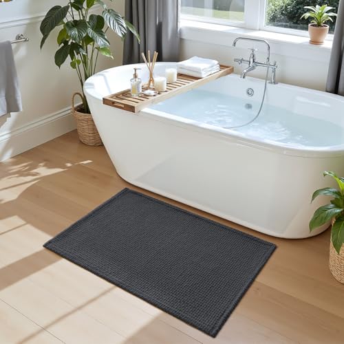 DEXI Bathroom Rugs 24x16, Non Slip Washable Bath Mat, Absorbent Chenille Bathmat, Ultra Soft Thick Carpet for Tub Shower Floor, Dark Grey - color: Dark Grey, size: 24" X 16" (Rectangular)