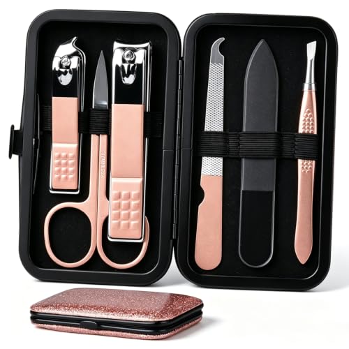 HANTEKAS Manicure Set Nail Clippers Kit 6 Pieces in 1 Stainless Steel Professional Grooming Nail Care Tools Including Nano Glass Nail Shiner Buffer File Gift for Men Husband Boyfriend Parents Women - color: Rose Gold Set 6 in 1