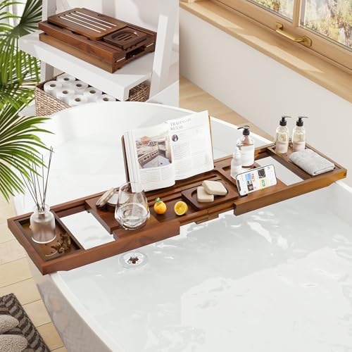 Premium Foldable Teak Bathtub Tray, Expandable Bath Tray for Tub, Luxury Bathtub & Bathroom Accessories - color: Teak
