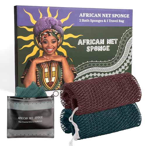 Bathway African Net Sponge Authentic with Handles (Set of 2), African Exfoliating Net Sponge, Exfoliating Body Scrubber Bath Sponge - Bathing Accessories with Storage Bag (Dark Green & Brown) - color: Dark Green & Brown