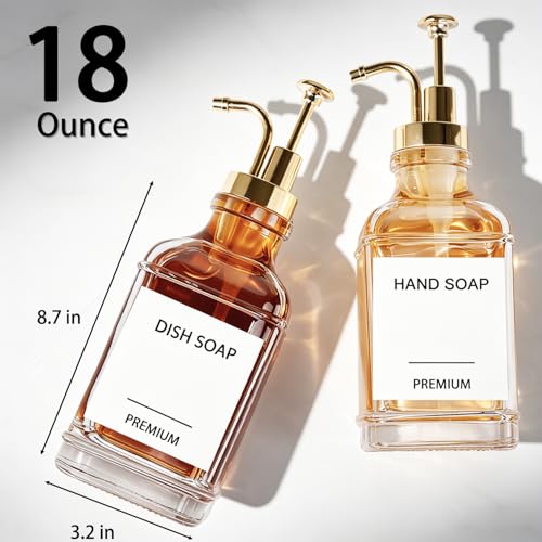 Dish Soap Dispenser for Kitchen, Hand Glass Soap Dispenser Set with Pump, Funnel for Bathroom, Shower, Laundry, Liquid, Lotion (Gold 2 Pack 18 Oz Clear Bottles with 12 Stickers) - color: Gold Square, size: 18Oz